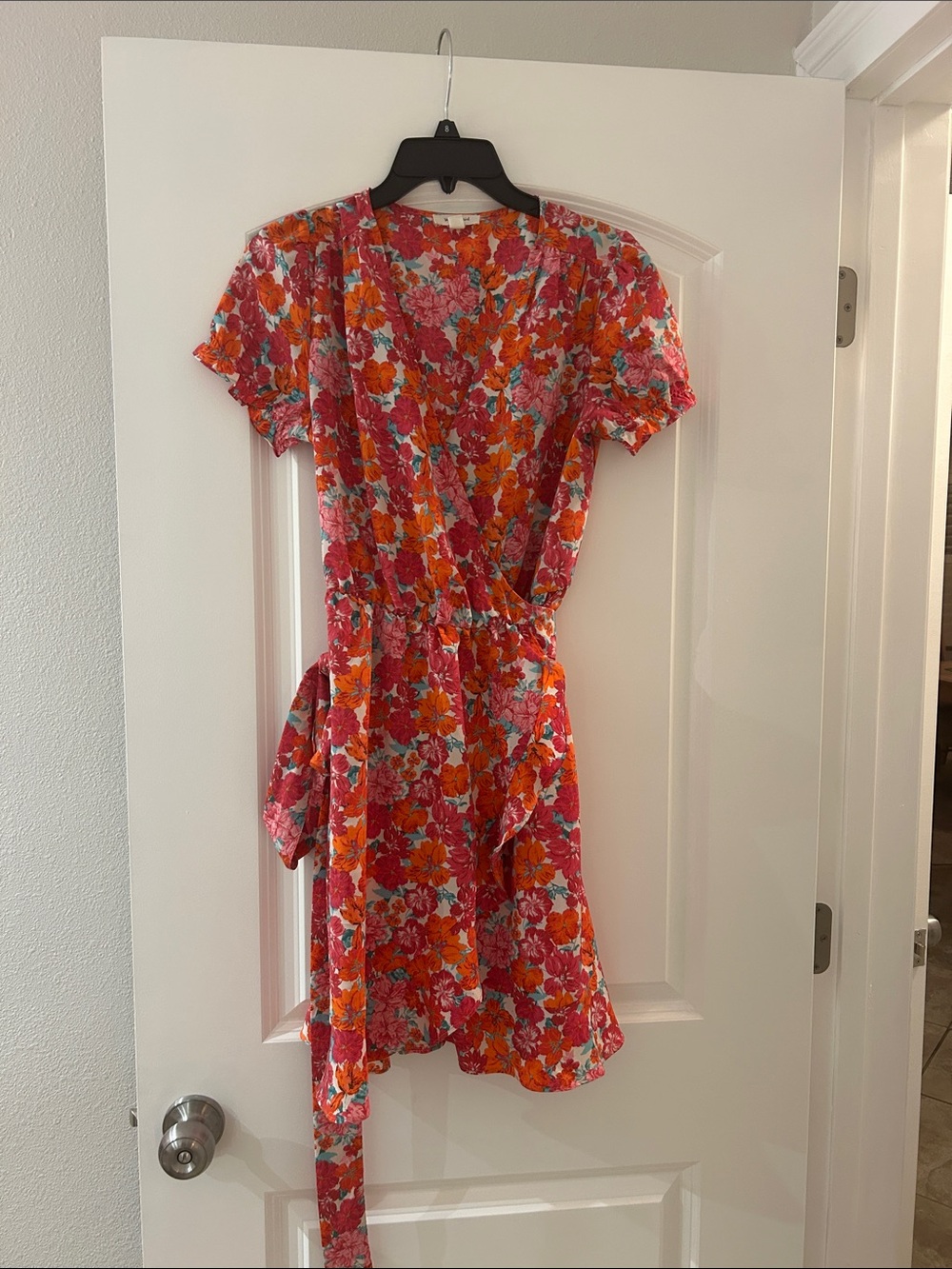 Floral Wrap Tie-Waist Mini Dress in Red and Pink
